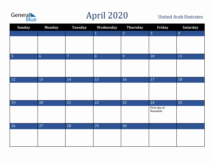 April 2020 United Arab Emirates Calendar (Sunday Start)