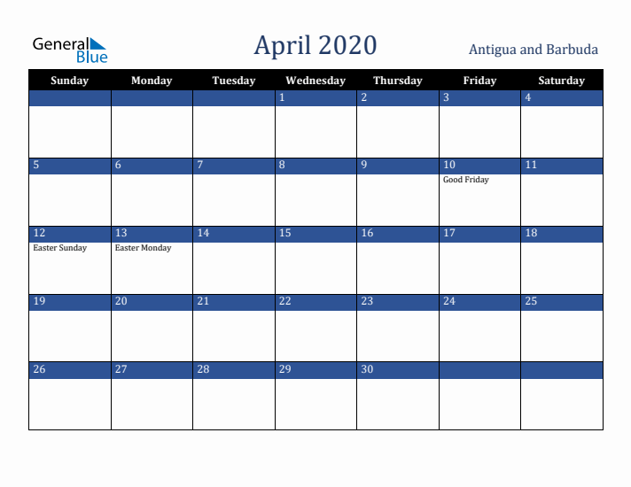 April 2020 Antigua and Barbuda Calendar (Sunday Start)