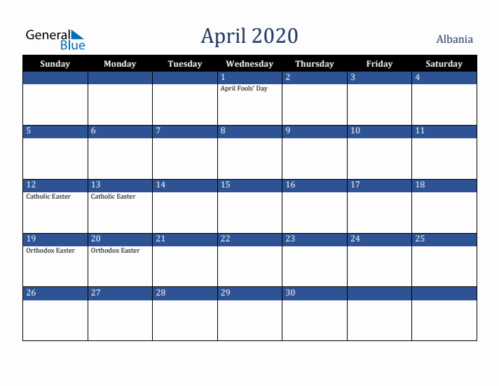 April 2020 Albania Calendar (Sunday Start)