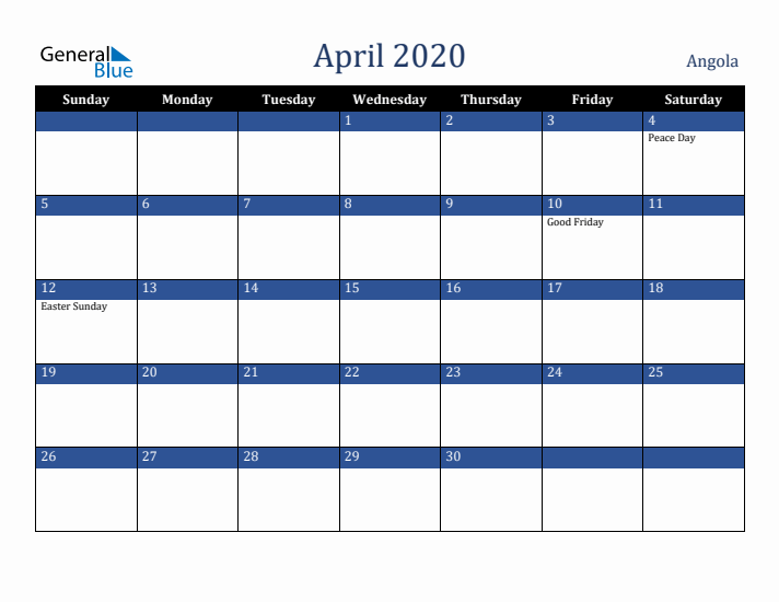 April 2020 Angola Calendar (Sunday Start)