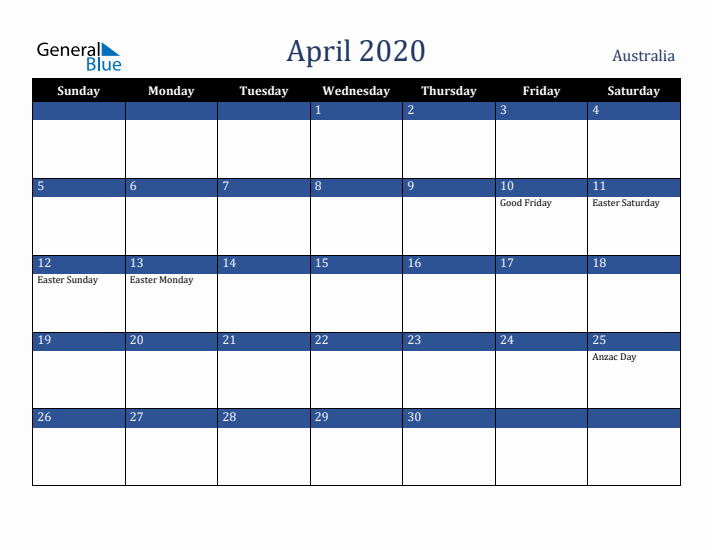 April 2020 Australia Calendar (Sunday Start)