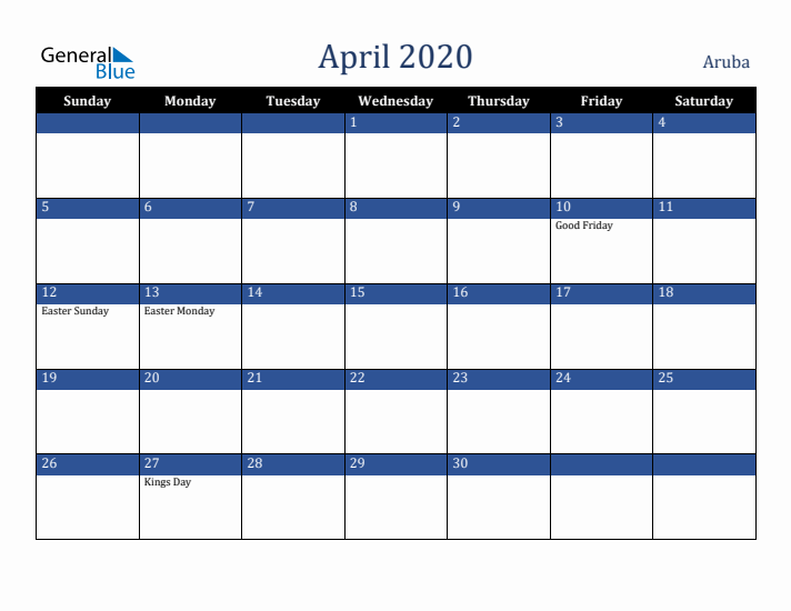 April 2020 Aruba Calendar (Sunday Start)