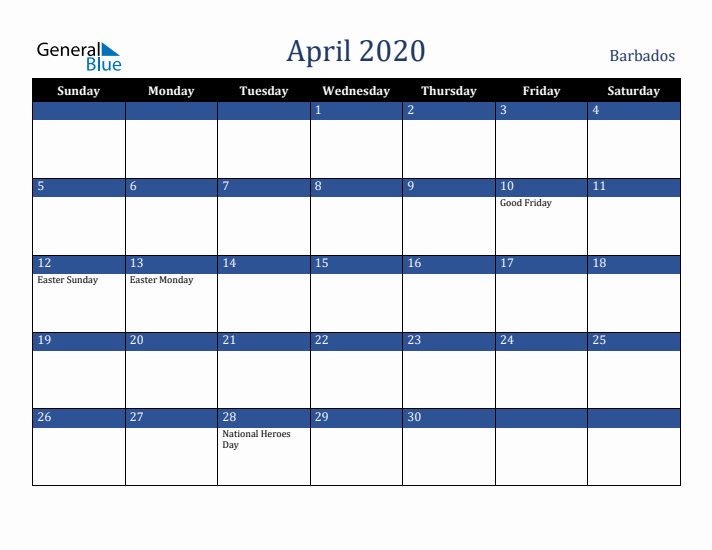 April 2020 Barbados Calendar (Sunday Start)