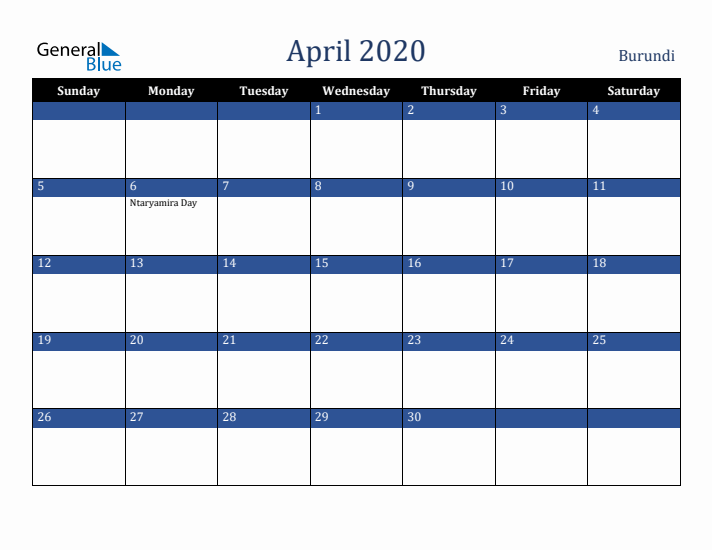 April 2020 Burundi Calendar (Sunday Start)