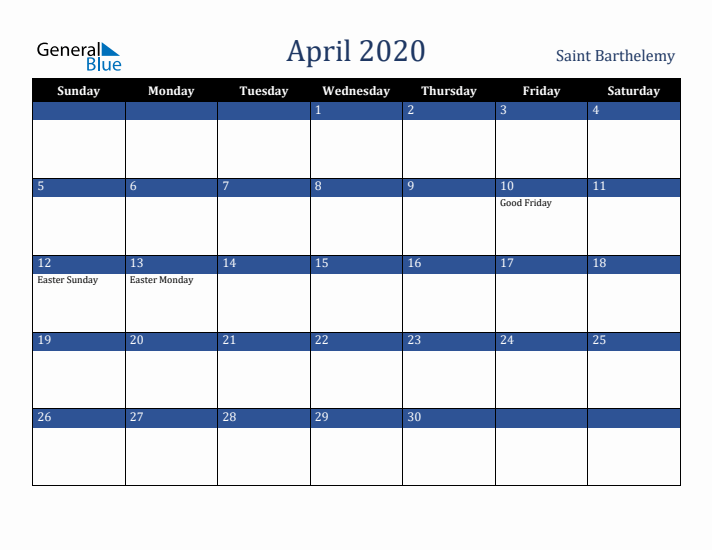 April 2020 Saint Barthelemy Calendar (Sunday Start)