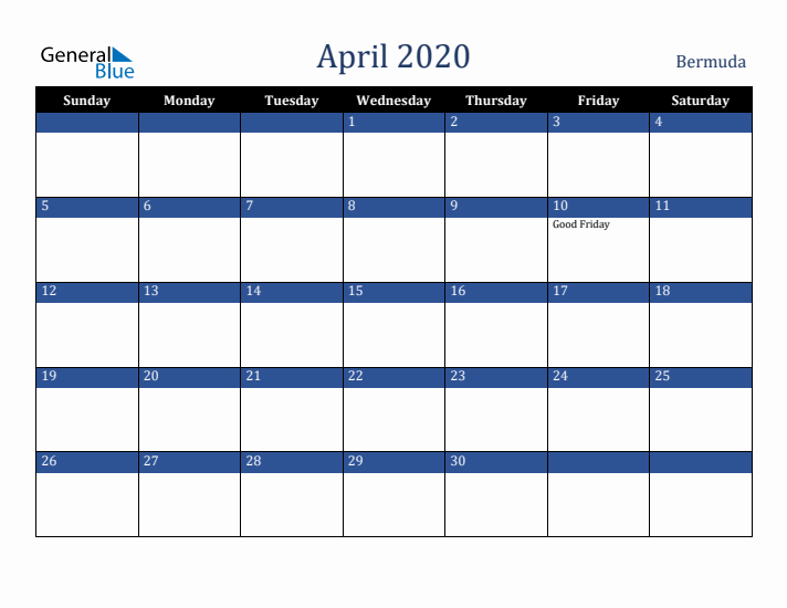 April 2020 Bermuda Calendar (Sunday Start)
