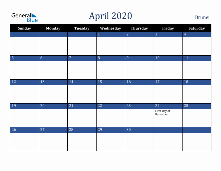 April 2020 Brunei Calendar (Sunday Start)