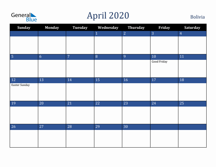 April 2020 Bolivia Calendar (Sunday Start)