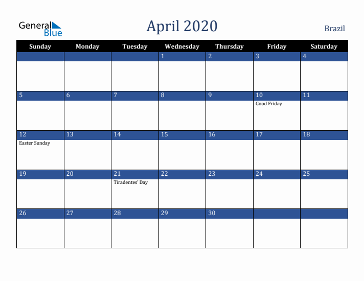 April 2020 Brazil Calendar (Sunday Start)