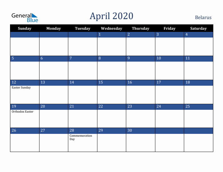 April 2020 Belarus Calendar (Sunday Start)