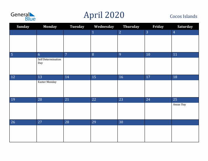 April 2020 Cocos Islands Calendar (Sunday Start)