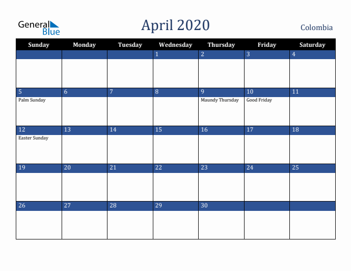 April 2020 Colombia Calendar (Sunday Start)