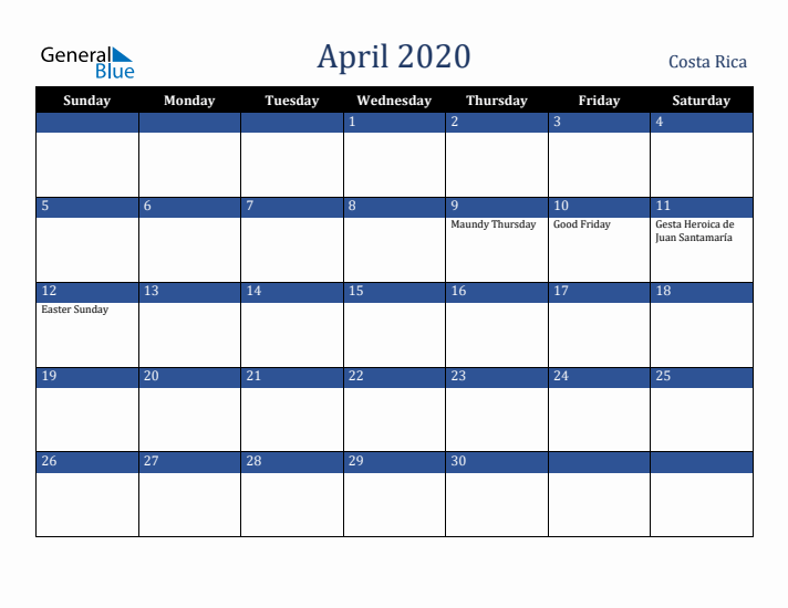 April 2020 Costa Rica Calendar (Sunday Start)