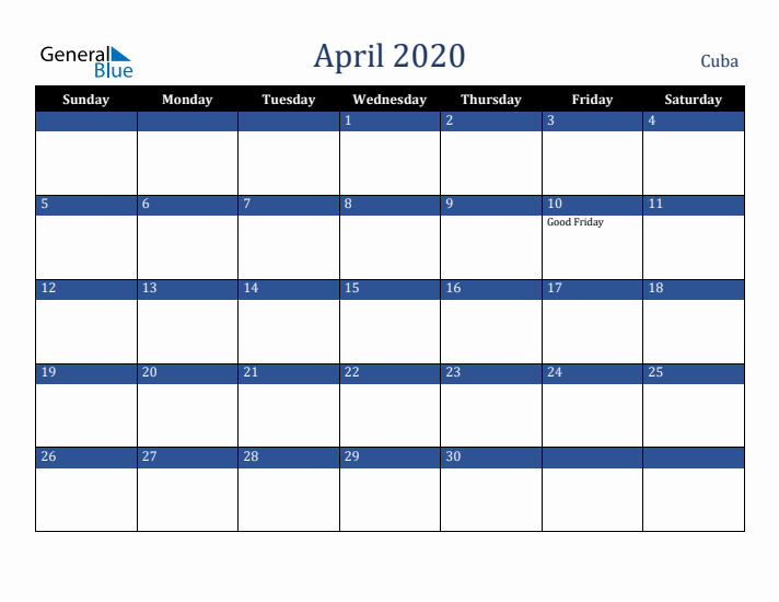 April 2020 Cuba Calendar (Sunday Start)