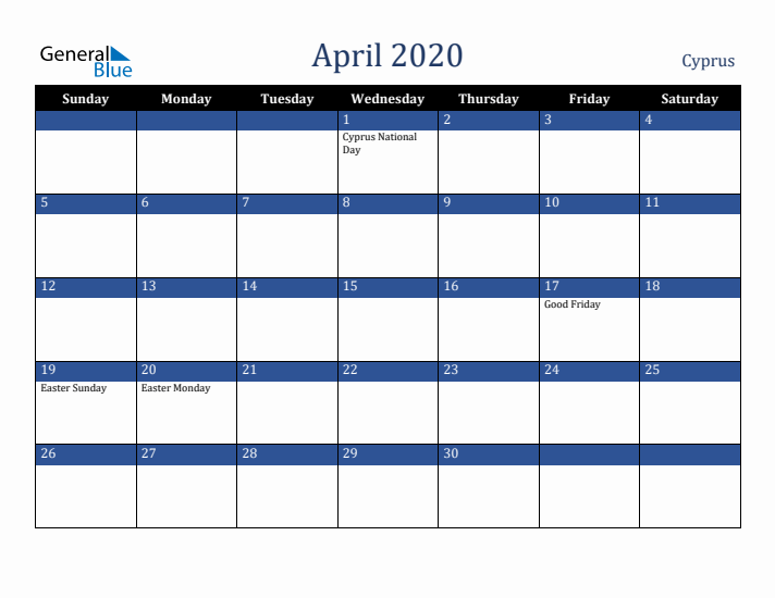 April 2020 Cyprus Calendar (Sunday Start)