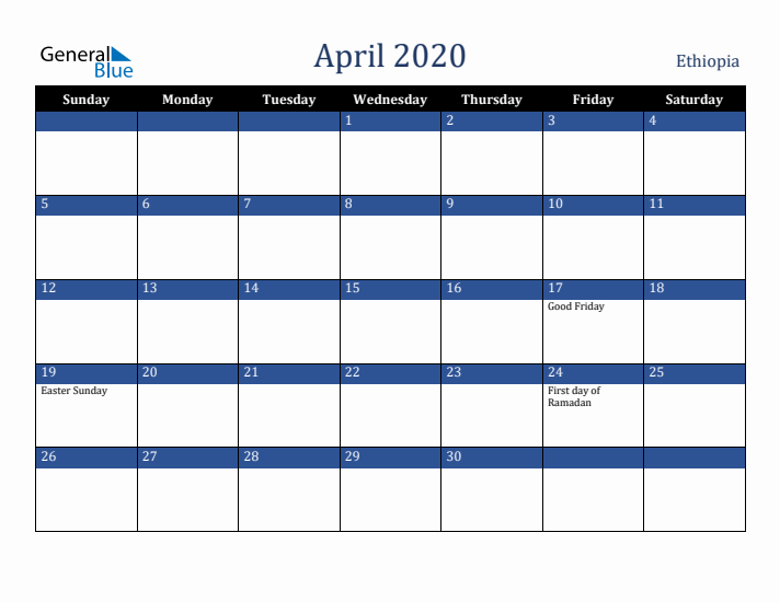 April 2020 Ethiopia Calendar (Sunday Start)