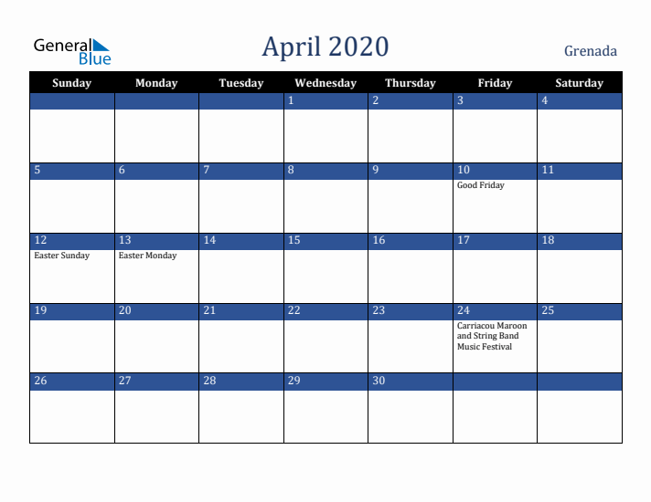 April 2020 Grenada Calendar (Sunday Start)