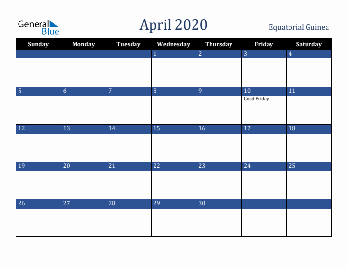 April 2020 Equatorial Guinea Calendar (Sunday Start)