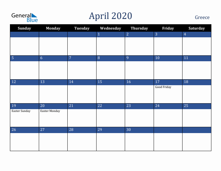 April 2020 Greece Calendar (Sunday Start)