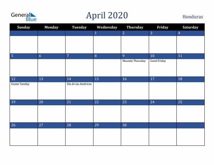 April 2020 Honduras Calendar (Sunday Start)