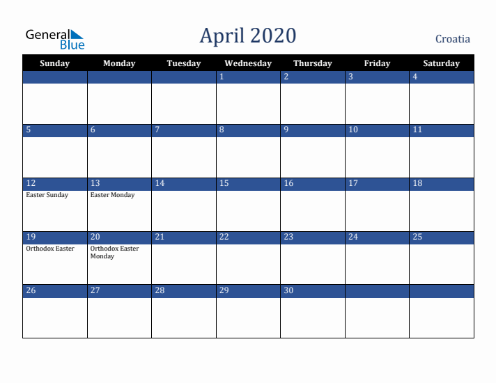 April 2020 Croatia Calendar (Sunday Start)