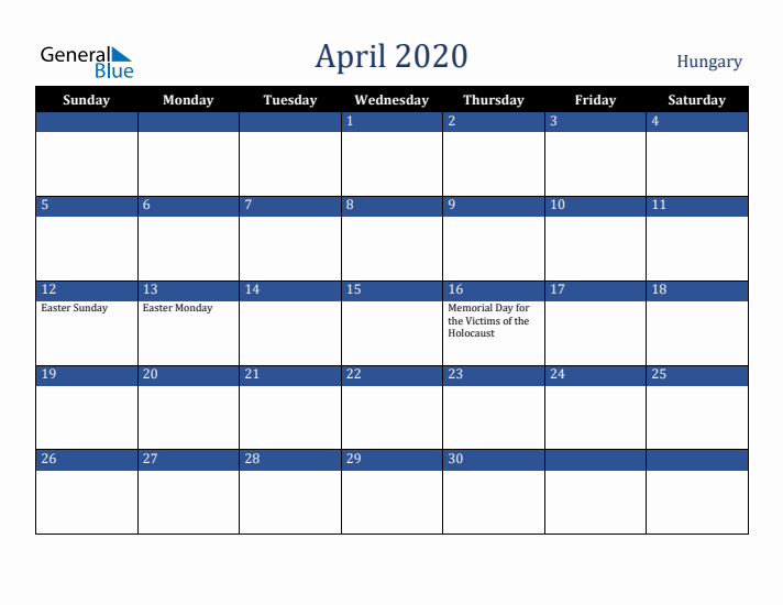 April 2020 Hungary Calendar (Sunday Start)