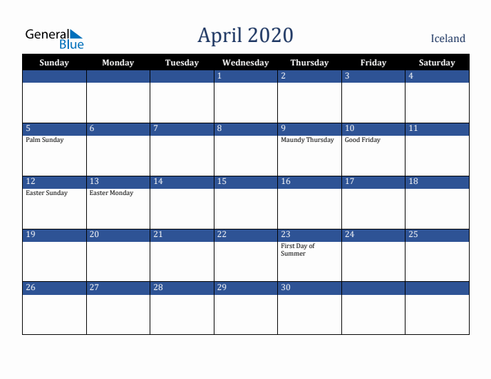 April 2020 Iceland Calendar (Sunday Start)