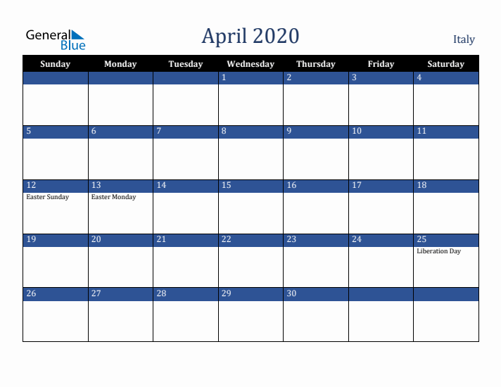 April 2020 Italy Calendar (Sunday Start)