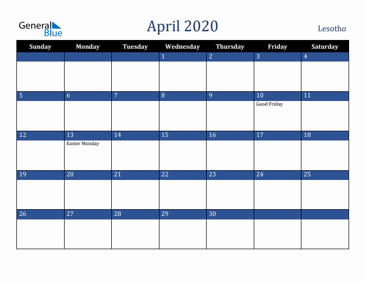 April 2020 Lesotho Calendar (Sunday Start)