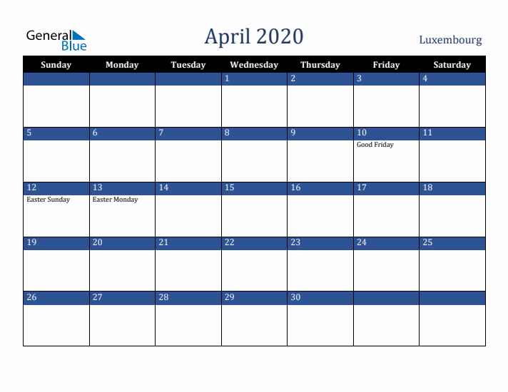 April 2020 Luxembourg Calendar (Sunday Start)