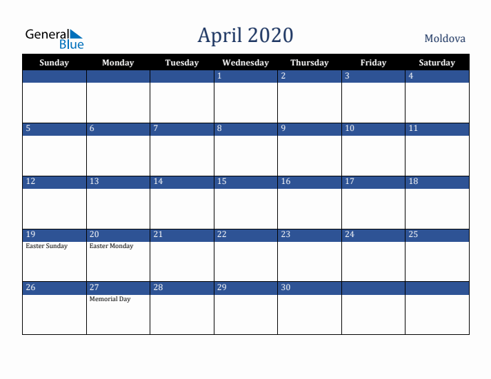 April 2020 Moldova Calendar (Sunday Start)