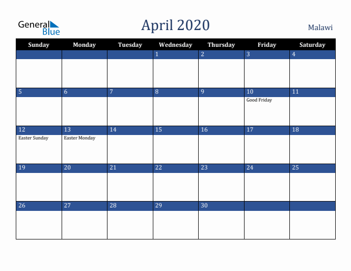 April 2020 Malawi Calendar (Sunday Start)