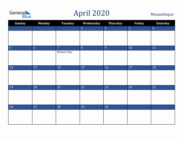 April 2020 Mozambique Calendar (Sunday Start)