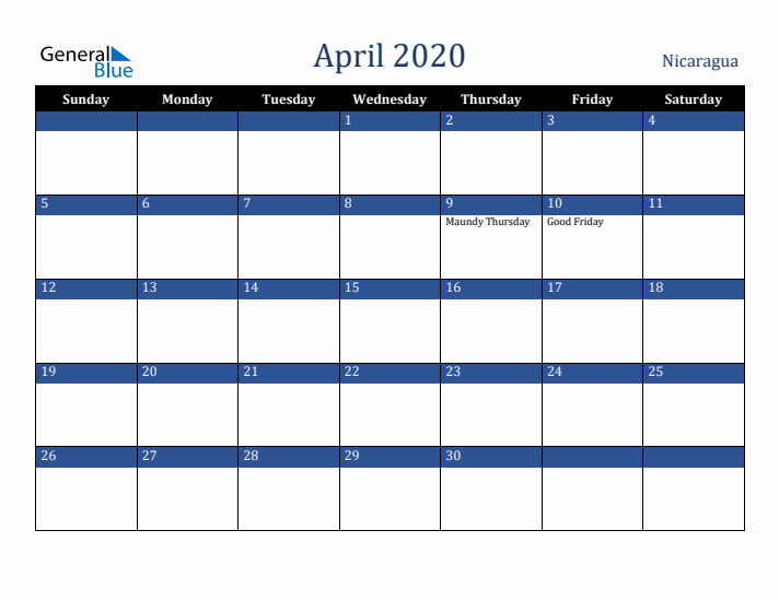 April 2020 Nicaragua Calendar (Sunday Start)