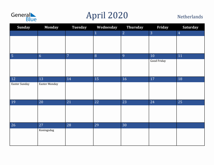 April 2020 The Netherlands Calendar (Sunday Start)