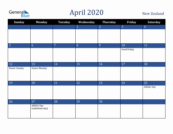 April 2020 New Zealand Calendar (Sunday Start)