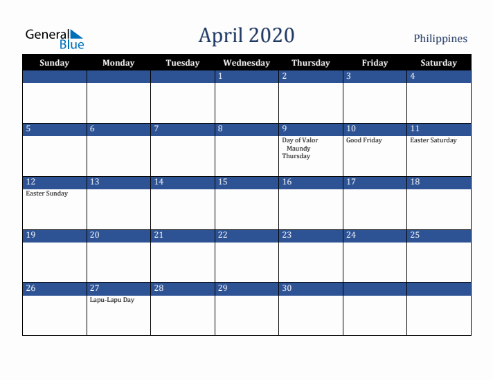 April 2020 Philippines Calendar (Sunday Start)