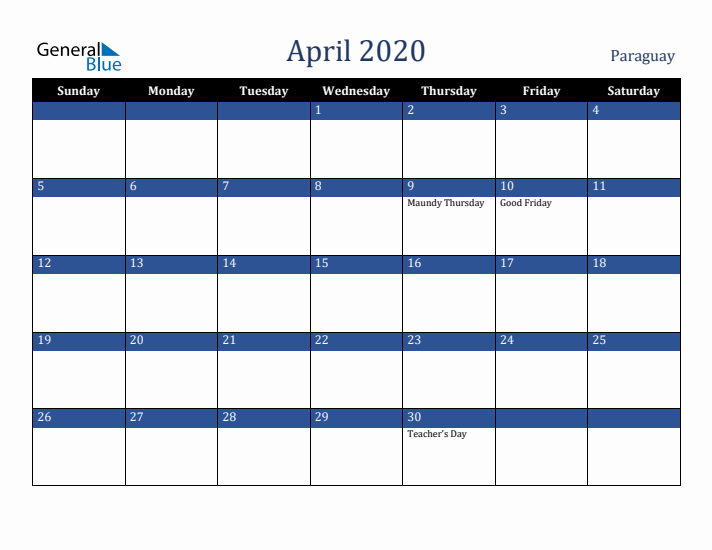 April 2020 Paraguay Calendar (Sunday Start)