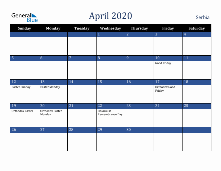 April 2020 Serbia Calendar (Sunday Start)