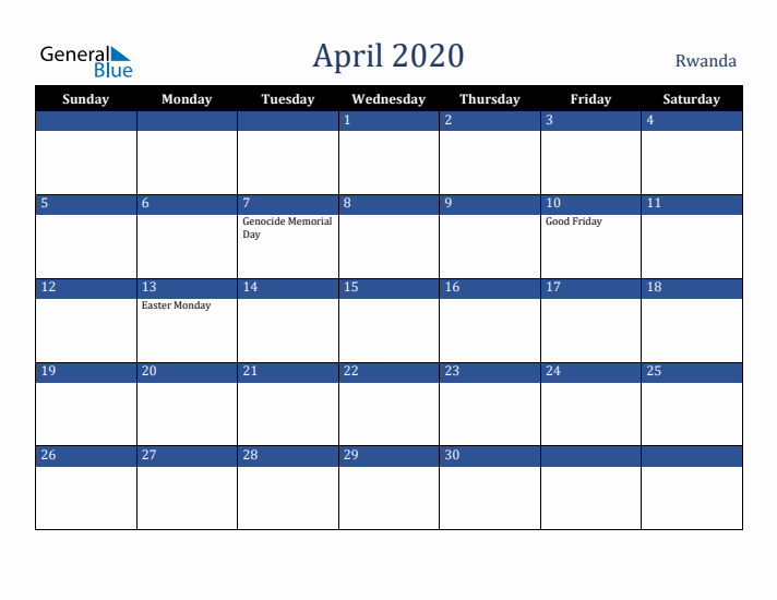 April 2020 Rwanda Calendar (Sunday Start)