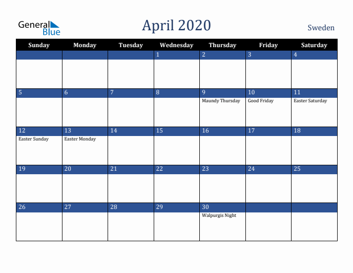 April 2020 Sweden Calendar (Sunday Start)