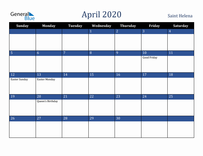 April 2020 Saint Helena Calendar (Sunday Start)