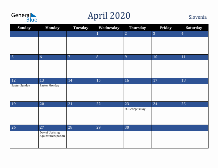 April 2020 Slovenia Calendar (Sunday Start)