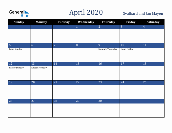 April 2020 Svalbard and Jan Mayen Calendar (Sunday Start)
