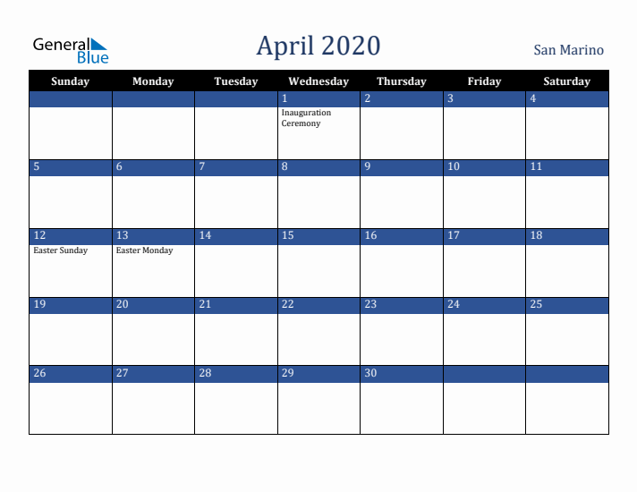 April 2020 San Marino Calendar (Sunday Start)