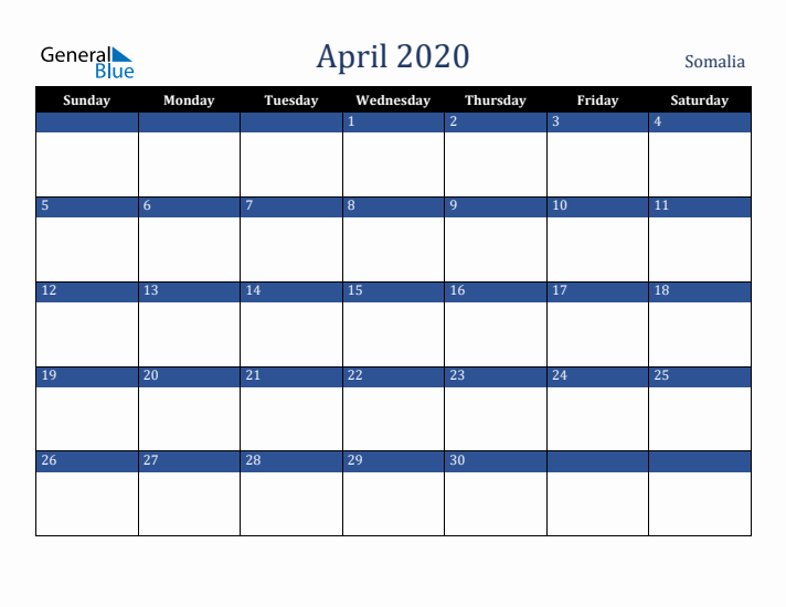 April 2020 Somalia Calendar (Sunday Start)