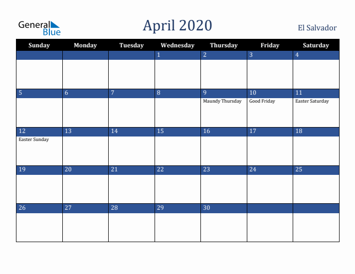 April 2020 El Salvador Calendar (Sunday Start)