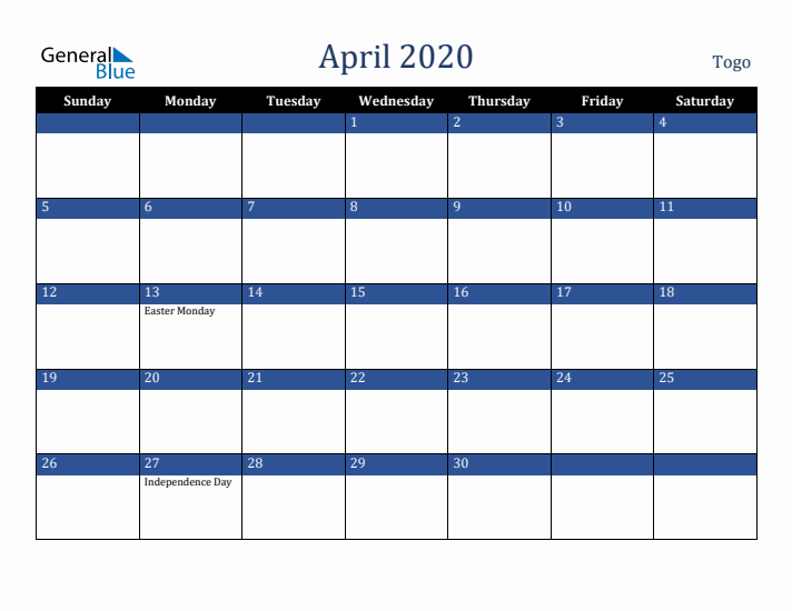 April 2020 Togo Calendar (Sunday Start)