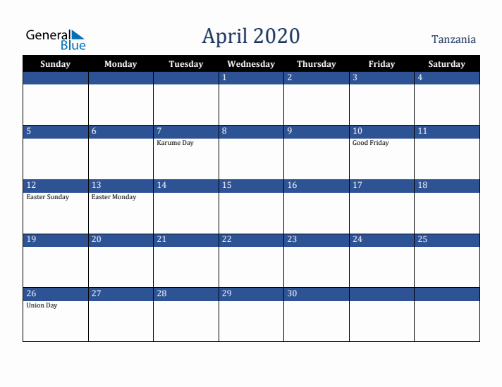 April 2020 Tanzania Calendar (Sunday Start)