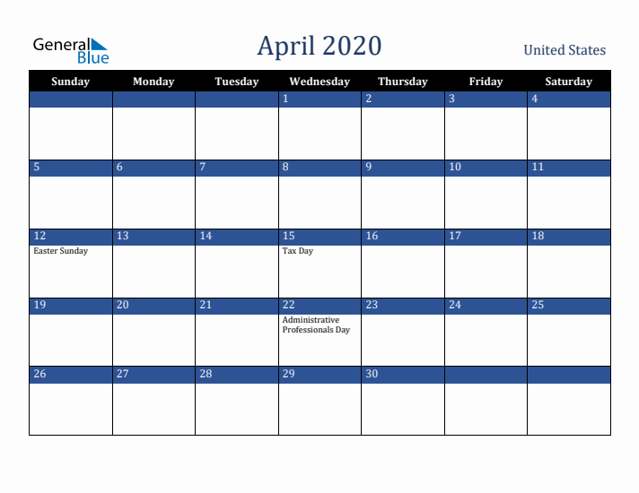 April 2020 United States Calendar (Sunday Start)